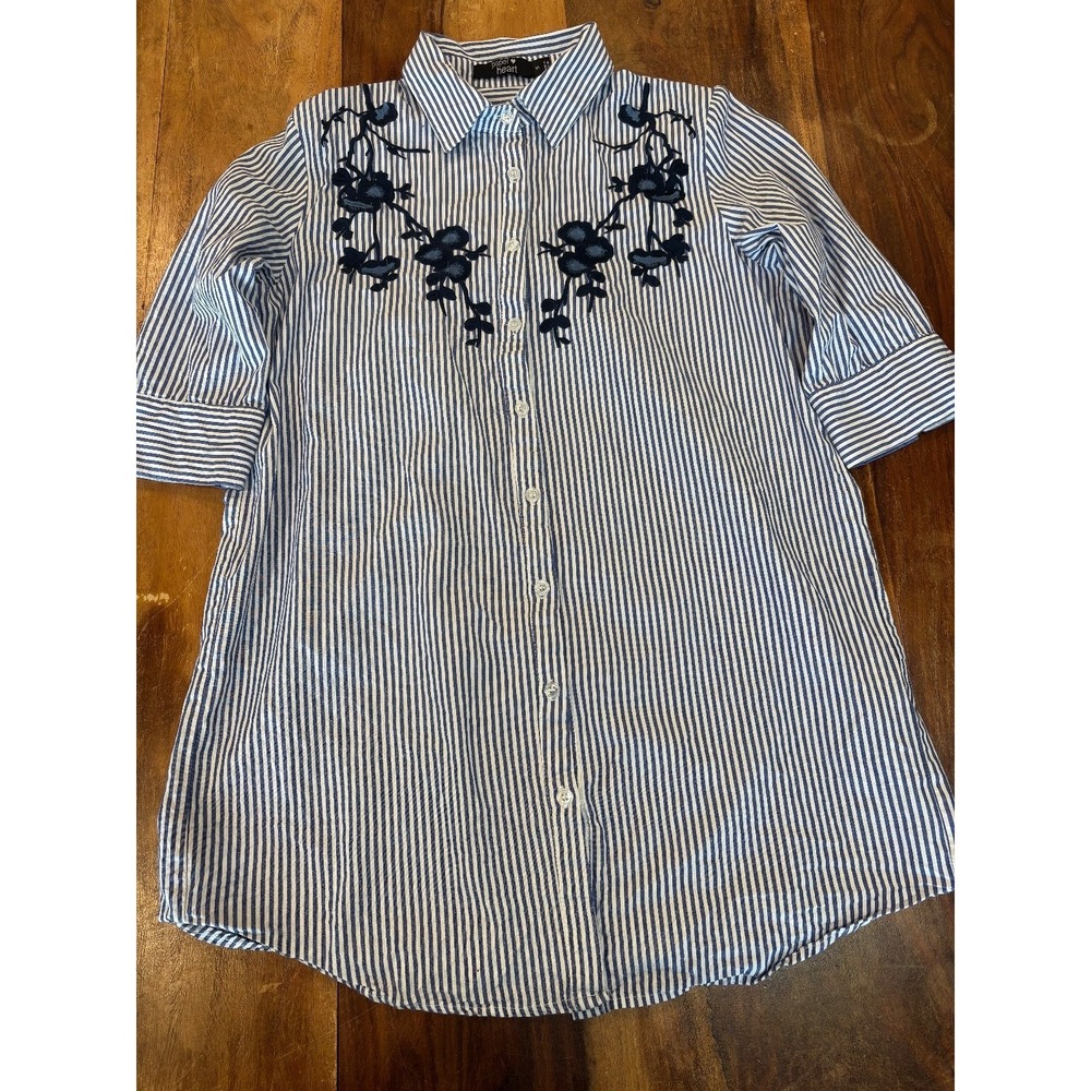 Paper Heart Womens' sz small blouse Floral Embroidered Blue Striped 3/4 Sleeves